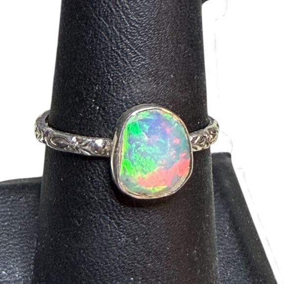 Pear Rose Cut Natural Ethiopian Opal Ring 925 Sterling Silver Size 8 Carved Band - Picture 5 of 5